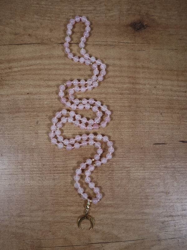 japa mala collar cuarzo rosa luna de acero