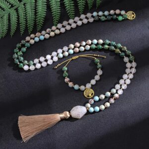 Japa mala jade blanco, turquesa africana, jaspe imperial 108 cuentas