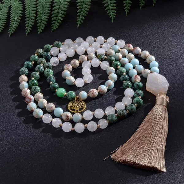 Japa mala de jade blanco, turquesa africana, jaspe imperial 108 cuentas.